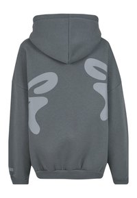 Sudadera gris con un gran gráfico estilizado en color gris claro en la espalda, con capucha ajustable y puños de canalé en el dobladillo y las mangas.