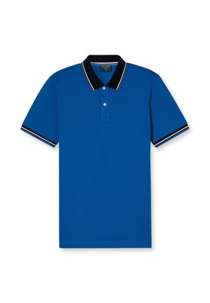 Blauwe polo met een zwarte kraag en gestreepte accenten. Voorzien van een twee-knoopsluiting en korte mouwen. Gemaakt van gladde stof.