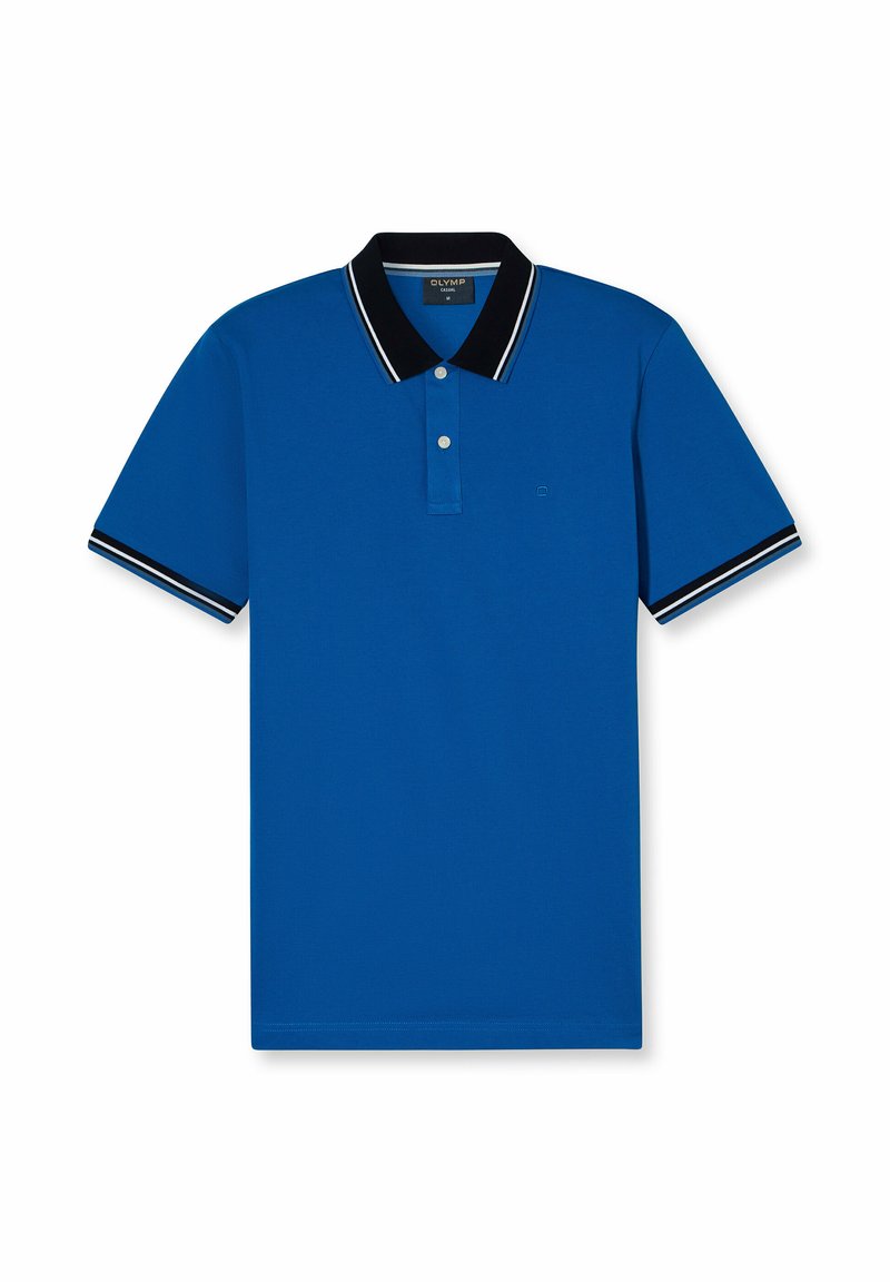 Polo blu con colletto nero e dettagli a righe. Presenta una chiusura a due bottoni e maniche corte. Realizzato in tessuto liscio.