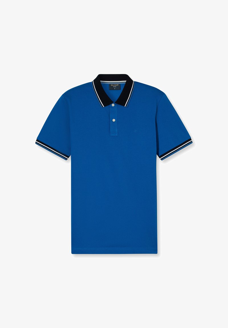 Polo blu con colletto nero e dettagli a righe. Presenta una chiusura a due bottoni e maniche corte. Realizzato in tessuto liscio.