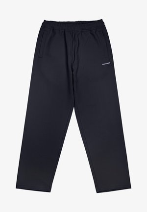 Mustad, ribade ja pingevaba lõikega püksid, millel on elastne vöökoht ja kaks küljetaskut; vasakul reiel on valge logo.