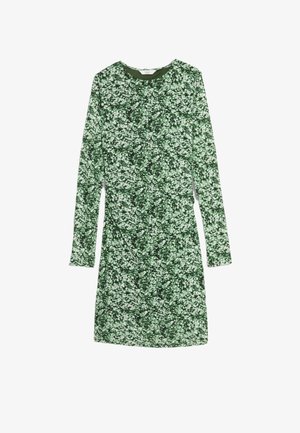 Abito a maniche lunghe con un motivo a macchie verdi e bianche, colletto rotondo, tessuto morbido e forma aderente.