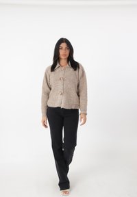 Cardigan beige a maniche lunghe, morbido e peloso, con colletto e tre bottoni decorativi, abbinato a pantaloni neri a gamba dritta e scarpe con punta aperta.