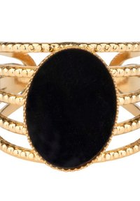 Gouden ring met een ovale zwarte steen in het midden. Gladde oppervlakte en firbeldetail op de band, met een open ontwerp.