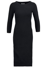 Svart stickad klänning med trekvartslång ärm, rund halsringning, figurnära snitt och ribbat avslut. Slät textur genomgående.