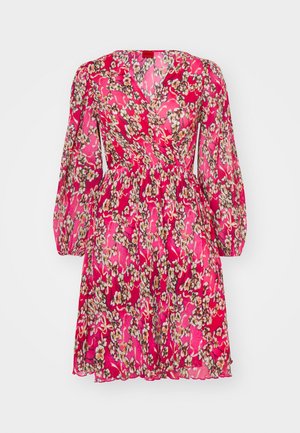 Floral wrap dress in vibrant pink with long puff sleeves, featuring a textured fabric and a cinched waist, adorned with small beige and cream flowers.