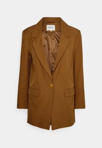 Brun kavaj med slagkrage, enkelknäppning, två framfickor och satinfoder. Skräddarsydd passform och mjuk textur.