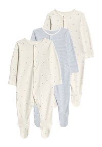 Tre body per neonato a maniche lunghe con piedi; due color crema con piccoli motivi floreali e anatre, uno a righe blu e bianche; bottoni a pressione sul davanti.