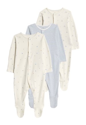 Tre långärmade babybodyer med fötter; två krämfärgade med små blommor och ankor, en blå och vit randig; tryckknappar framtill.