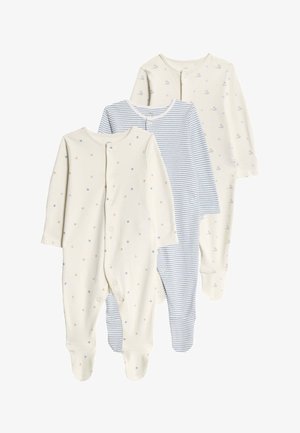 Tres bodies de bebé de manga larga con pies; dos en crema con pequeños estampados de flores y patitos, uno a rayas en azul y blanco; con botones a presión en la parte delantera.