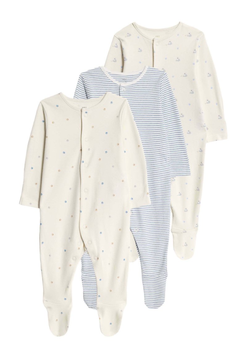 Tre body per neonato a maniche lunghe con piedi; due color crema con piccoli motivi floreali e anatre, uno a righe blu e bianche; bottoni a pressione sul davanti.