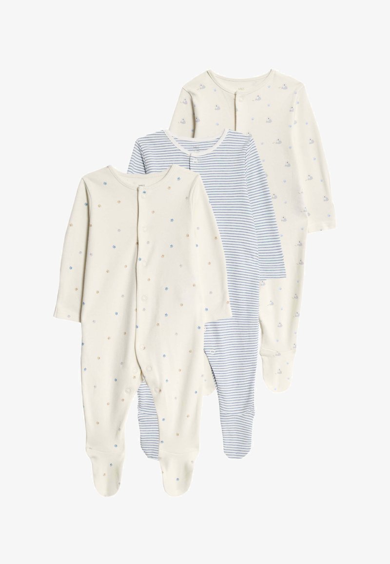 Tre body per neonato a maniche lunghe con piedi; due color crema con piccoli motivi floreali e anatre, uno a righe blu e bianche; bottoni a pressione sul davanti.