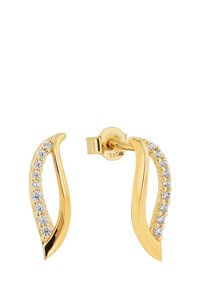 Guldtonade örhängen med en böjd design, prydda med en rad av små, klara simulerade diamanter längs en kant. Främre-bakre stilknäppning.