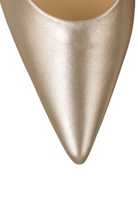 Escarpin à bout pointu en beige métallique, présentant une finition en cuir lisse et brillant ainsi qu'une silhouette élégante avec un décolleté bas.