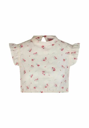 Weißes, kurzes Blusentop mit kleinem roten und blauem Blumenmuster, kurzen gerafften Ärmeln und einem Knopfverschluss am Rücken im Nackenbereich.