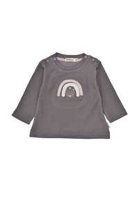 Graues, geripptes Langarmshirt mit einem zentralen Regenbogen- und Igel-Motiv, versehen mit Druckknöpfen am Ausschnitt für ein einfaches An- und Ausziehen.