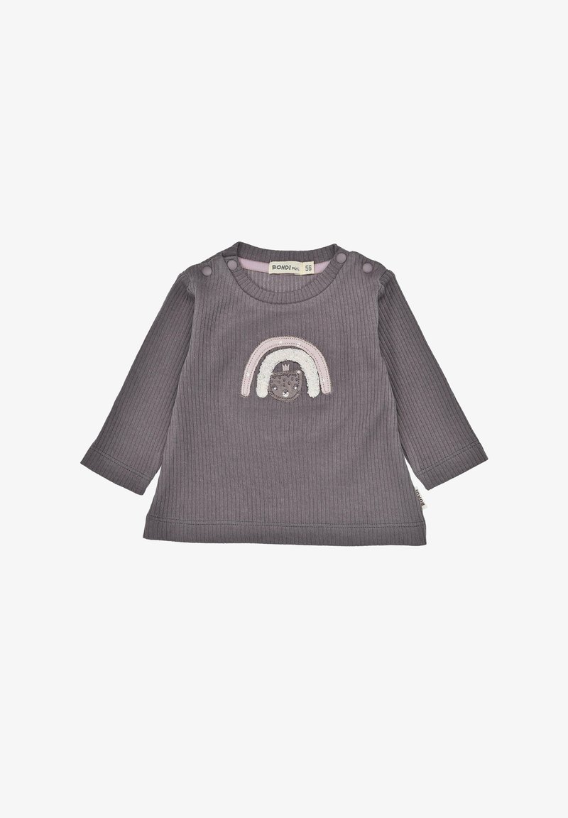 Graues, geripptes Langarmshirt mit einem zentralen Regenbogen- und Igel-Motiv, versehen mit Druckknöpfen am Ausschnitt für ein einfaches An- und Ausziehen.