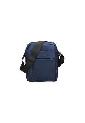 Navy blue crossbody bag made of fabric featuring a top zipper, adjustable strap, front pocket with grey accents, and embossed logo details.