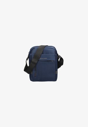 Navy blauwe schoudertas van stof, voorzien van een bovenrits, verstelbare schouderband, voorzak met grijze accenten en reliëf logo details.
