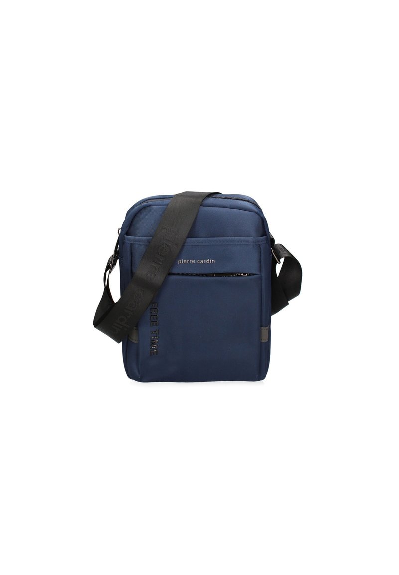 Borsa a tracolla blu navy realizzata in tessuto, con zip superiore, tracolla regolabile, tasca anteriore con dettagli grigi e logo impresso.