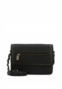Borsa a tracolla nera in pelle con tasca frontale con zip, dettagli con borchie sul bordo e tracolla a catena. Caratterizzata da una superficie liscia e un design compatto.