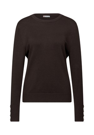 Pull long à manches longues marron foncé avec un col rond, doté d'accents en boutons sur les poignets et d'un ourlet et de poignets côtelés. Texture douce.