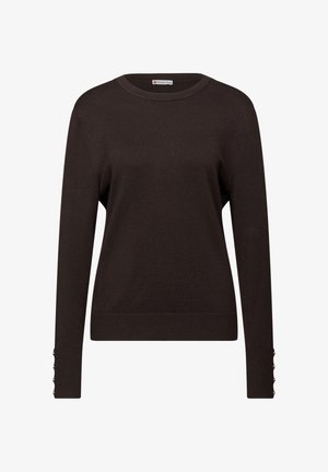 Ciemnobrązowy sweter z długim rękawem i okrągłym dekoltem, z guzikami na mankietach i prążkowanym wykończeniem u dołu i na mankietach. Miękka tekstura.
