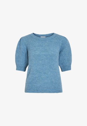 Ljust blått stickat tröja med rund hals, korta puffärmar och ribbade mudd. Mjuk textur med subtila färgvariationer.