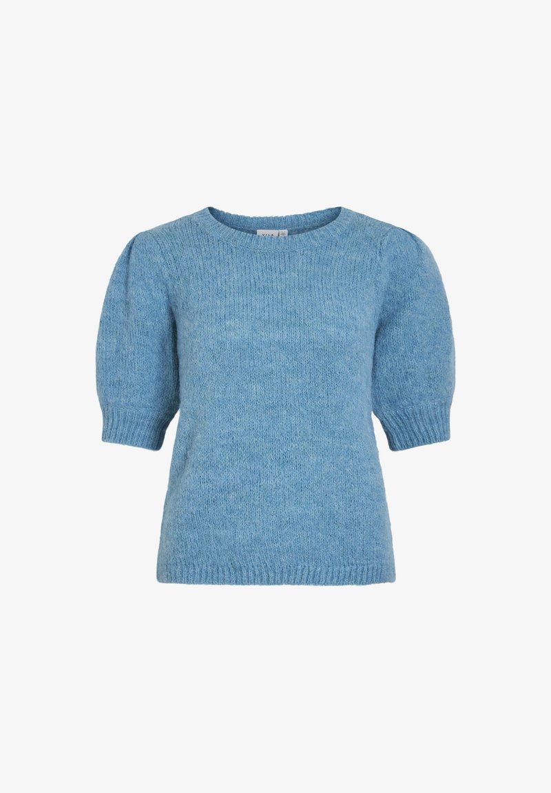 Ljust blått stickat tröja med rund hals, korta puffärmar och ribbade mudd. Mjuk textur med subtila färgvariationer.