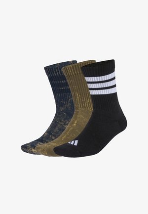 Three pairs of mid-calf socks: navy with a textured pattern, olive green, and black with three white stripes at the top. Thick ribbed texture.