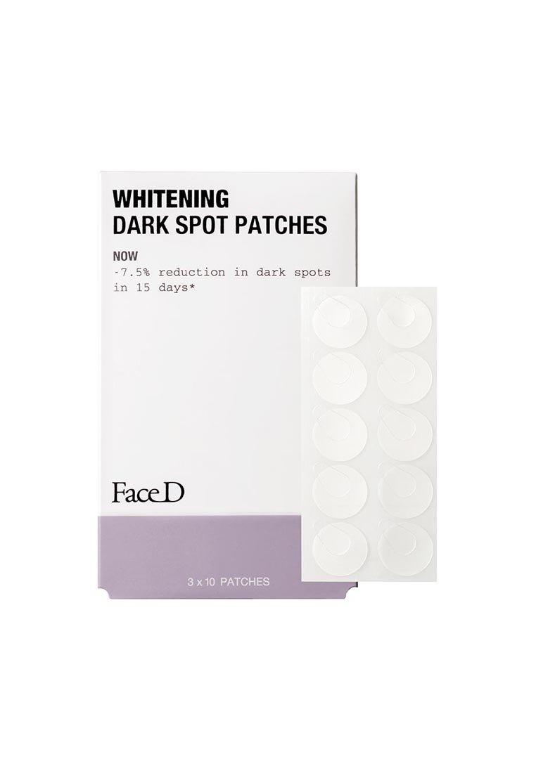 Helle dunkle Flecken-Pflaster, klare runde Pflaster auf einem weißen Blatt, verpackt in einer weißen Box mit lila Akzenten, gekennzeichnet mit Produktdetails.