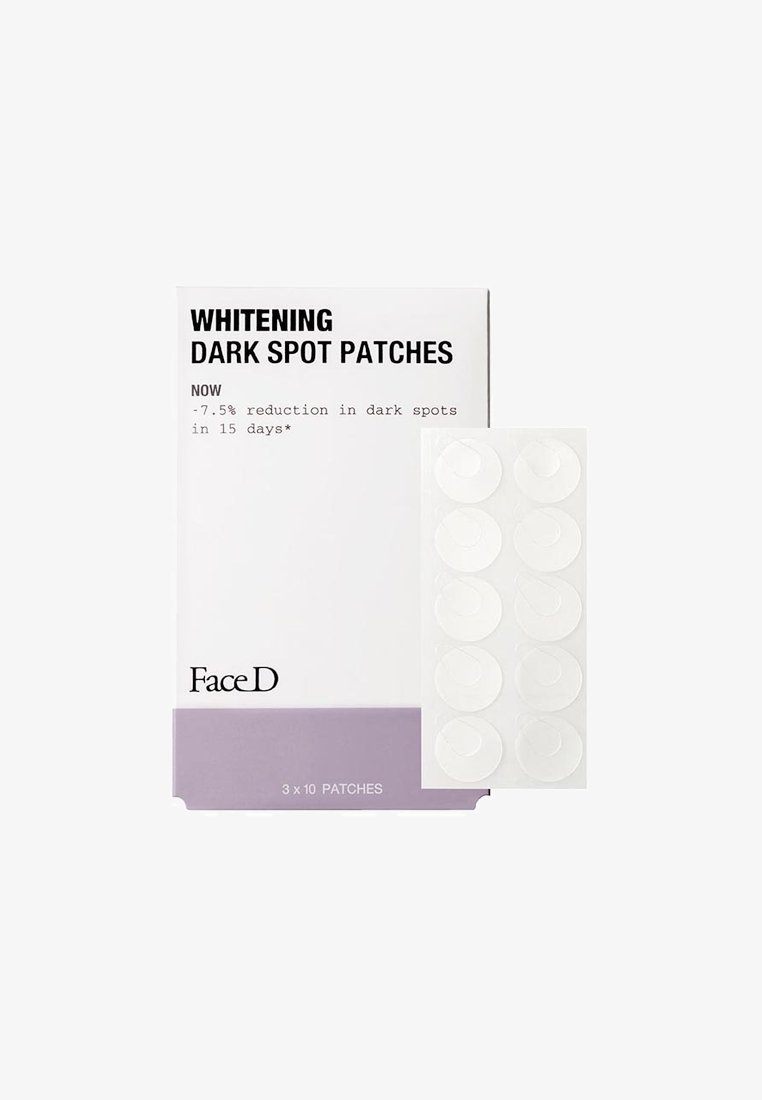 Helle dunkle Flecken-Pflaster, klare runde Pflaster auf einem weißen Blatt, verpackt in einer weißen Box mit lila Akzenten, gekennzeichnet mit Produktdetails.