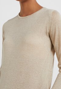 Maglione beige a maglia con scollo rotondo, caratterizzato da una texture morbida e scintillante e maniche lunghe. Fili riflettenti creano un leggero lucido.