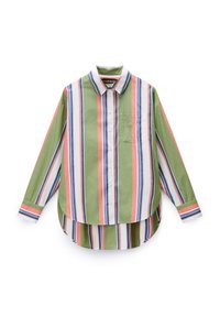 Camicia a maniche lunghe verde a righe, con linee verticali in rosa, blu e bianco. Include una tasca sul petto e un orlo curvo.