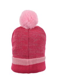 Gorro de punto rosa con un pompón de peluche rosa en la parte superior. Presenta una textura acanalada y una banda de color rosa más claro en la base.