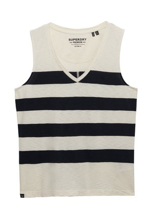 Ærmeløs tanktop med V-udskæring og brede, sorte og hvide horisontale striber, lavet af letvægtsstof.