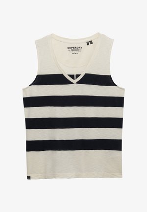 Ærmeløs tanktop med V-udskæring og brede, sorte og hvide horisontale striber, lavet af letvægtsstof.