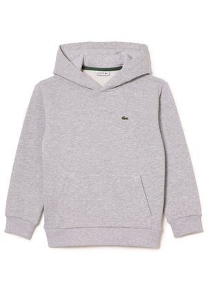Grau Baumwollkapuzenpullover mit Kängurutasche, rippenbesetzten Bündchen und kleinem grünen Lacoste-Krokodil-Logo auf der Brust. Weiche Textur.