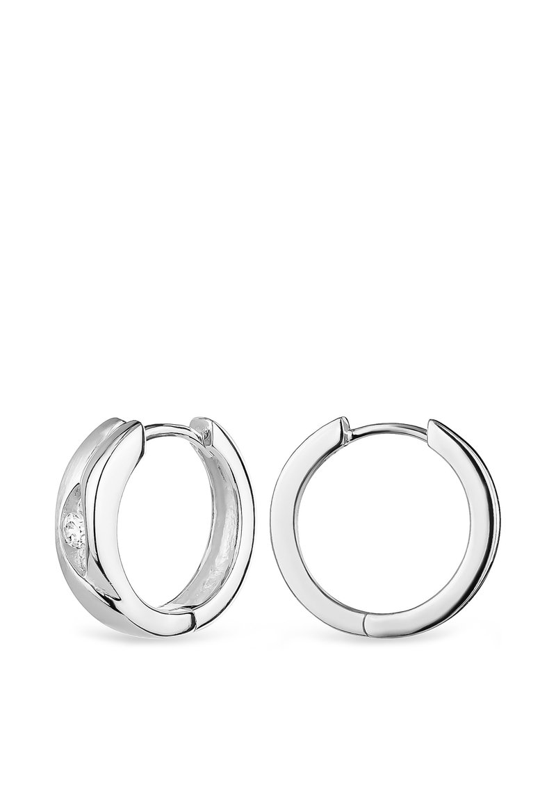 Silverhänge med polerad yta, med en slät rundad design och en liten inbäddad klar sten.