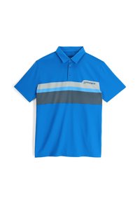 Blauw polo shirt met korte mouwen, voorzien van horizontale strepen in lichtblauw, grijs en donkergrijs. Het materiaal lijkt soepel en lichtgewicht te zijn.