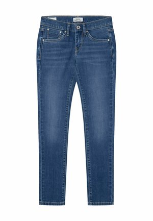Niebieskie dopasowane dżinsy z denimu z guzikami z przodu, pięcioma kieszeniami i lekkim wyblaknięciem na udach i kolanach.
