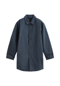Abrigo de color azul marino de un solo botón con cuello puntiagudo, cuatro botones frontales, dos bolsillos laterales y puños abotonados.