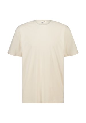 T-shirt en coton beige clair avec un col rond et des manches courtes. Conçu avec une coupe décontractée et une texture lisse. Pas de graphiques ni d'accents visibles.