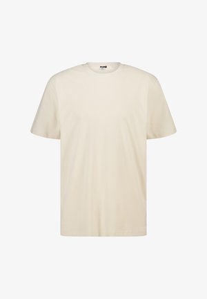 T-shirt en coton beige clair avec un col rond et des manches courtes. Conçu avec une coupe décontractée et une texture lisse. Pas de graphiques ni d'accents visibles.