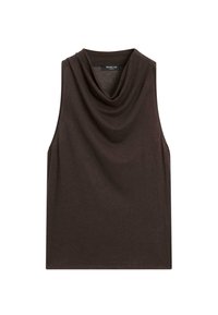 Hnědý top bez rukávů s volným výstřihem, vyrobený z měkké tkaniny. Má čistý, minimalistický design bez dalších ozdob.
