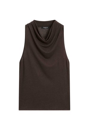 Beżowy top bez rękawów z drapowanym dekoltem, wykonany z miękkiego materiału. Posiada czysty, minimalistyczny design bez dodatkowych ozdób.