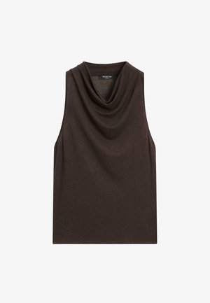 Haut marron sans manches avec un col drapé, fabriqué à partir d'un tissu doux. Présente un design épuré et minimaliste sans embellissements supplémentaires.