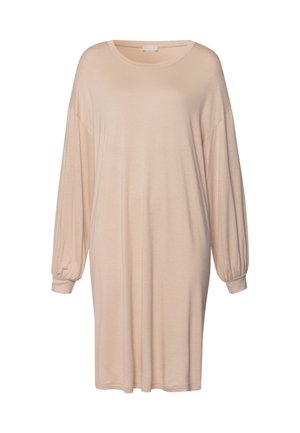 Beige lange mouw jurk met een losse pasvorm, ronde halslijn en puffmouwen, gemaakt van een zachte stof zonder zichtbare patronen of hardware.