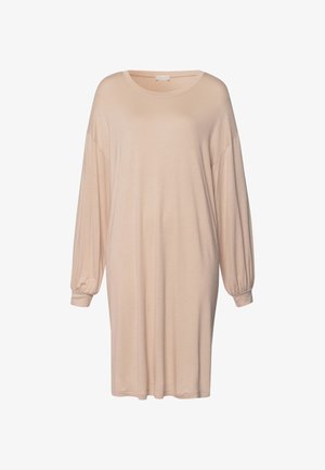 Abito beige a maniche lunghe con vestibilità comoda, scollatura tonda e maniche a sbuffo, realizzato in materiale morbido senza motivi o accessori visibili.