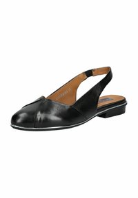Zapato de piel negra tipo slingback con puntera redondeada, diseño plisado y tacón bajo con plantilla texturizada. Elástico ajustable para un mejor ajuste.